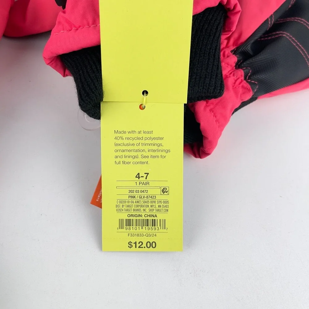 Pair of 2 All in Motion Ski‎ Gloves Unisex 4-7 Pink Zipper Insulated Snow Sports